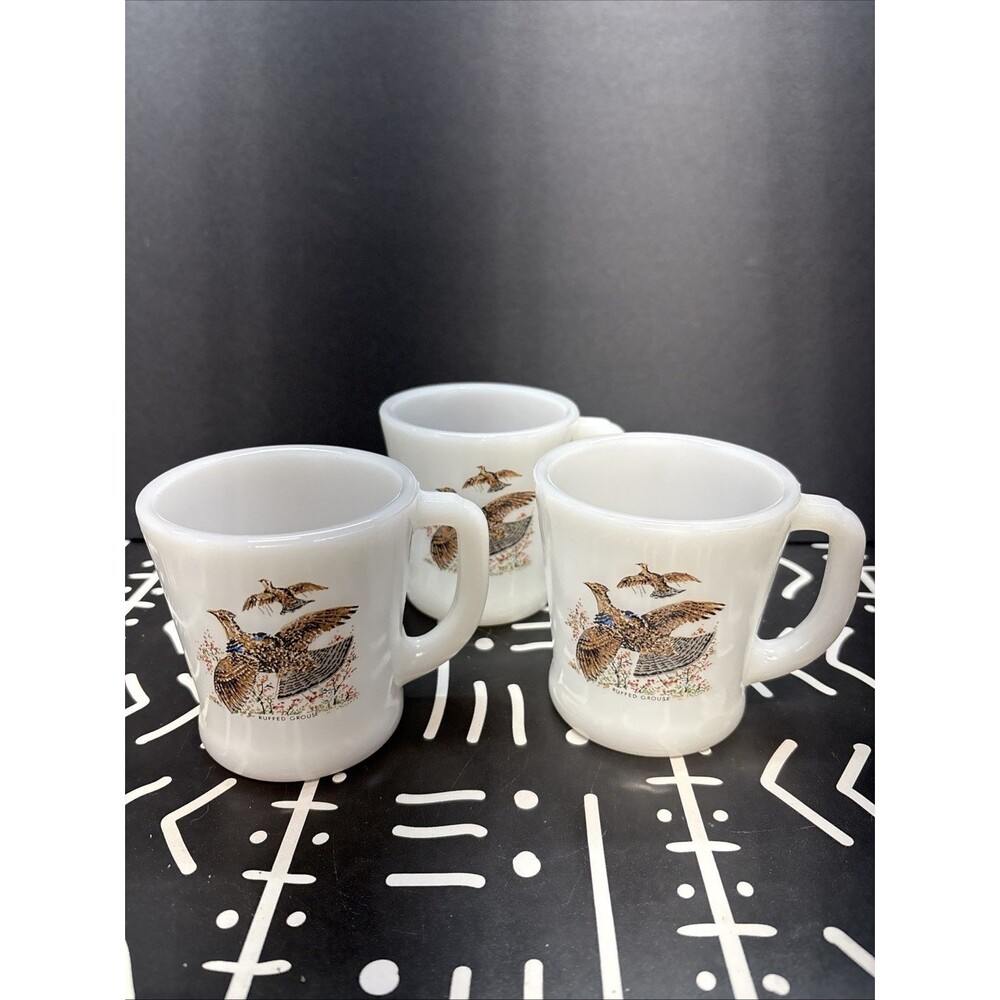 3 Vintage Fire King Coffee Mug Cup Ruffled Grouse D Handle White Oven Ware USA
